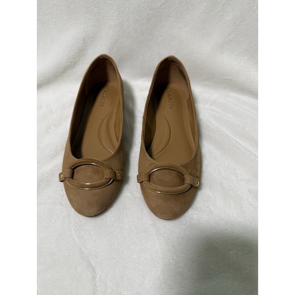 Talbots Tan Suede Ballet Flats Womens 6M Gold Buckle Leather Comfort Shoes